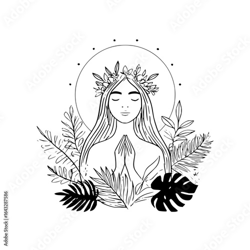 Woman with flower crown and praying hands surrounded by leaves in black and white line art style design