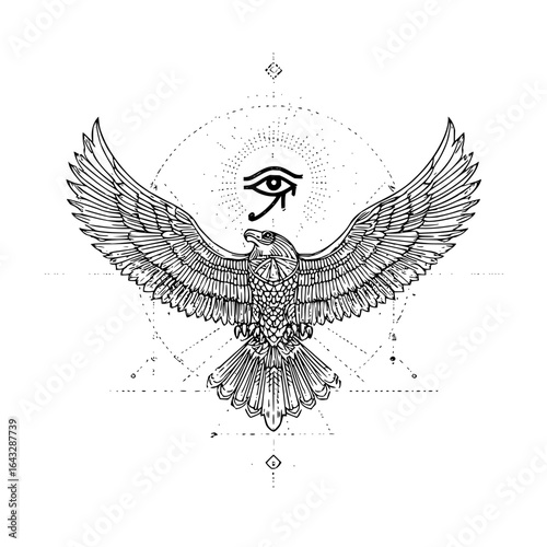 Illustration of an eagle with spread wings and eye of horus surrounded by geometric shapes design