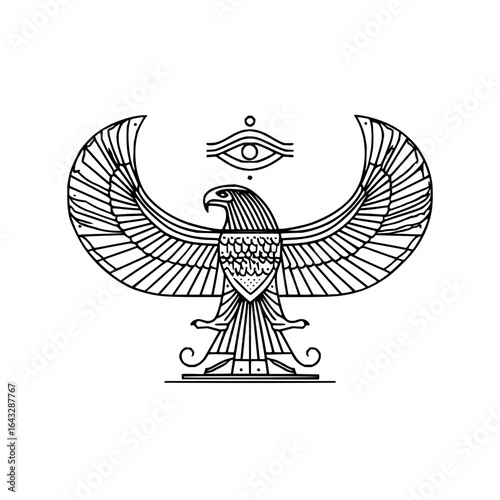 Egyptian style horus with wings spread and eye of horus above it in a line art black and white design