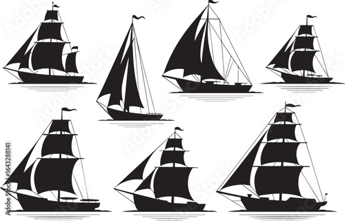 Black sailing ships with full sails on water white