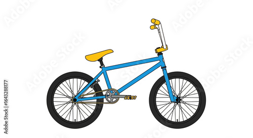 Blue BMX Bicycle with Yellow Accents Side View Illustration.