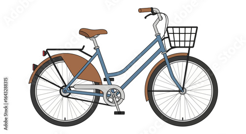 Classic Blue Bicycle with Brown Fenders and Basket.