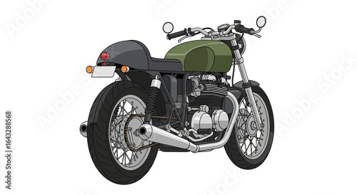 Classic Olive Green Cafe Racer Motorcycle Illustration.