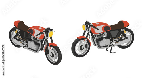 Classic Red and White Cafe Racer Motorcycle Isometric Illustration.