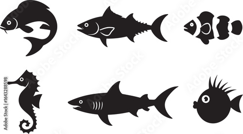Black silhouettes of marine life including fish seahorse and shark clownfish pufferfish