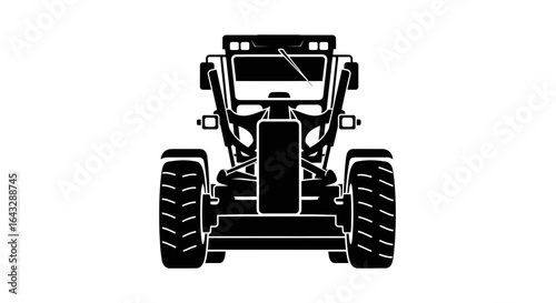 Front View of a Black and White Motor Grader Illustration.