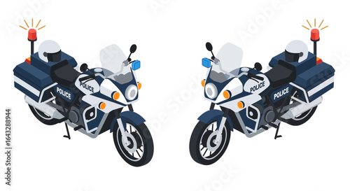Isometric Illustration of Two Police Motorcycles with Lights.