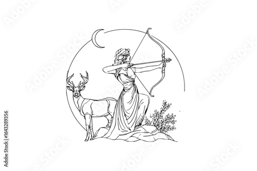 Artemis goddess of the hunt with bow and arrow deer and crescent moon in a circular line drawing