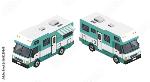 Teal and White Class B Motorhome Isometric View.
