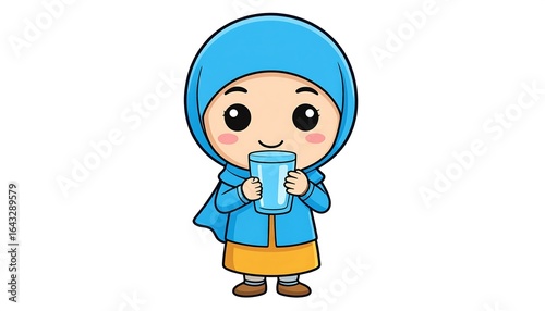 Cartoon girl in hijab drinking water