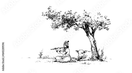 Illustration of krishna playing flute under a tree with a cow resting nearby in black and white style