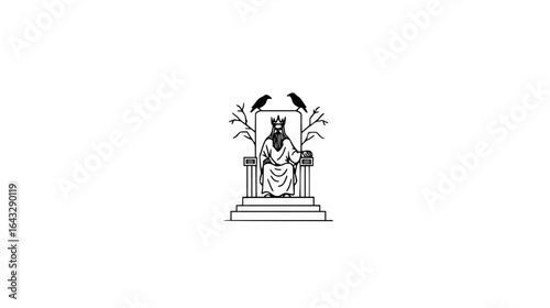 Illustration of a king with a beard and crown sitting on a throne with two ravens perched above him on branches