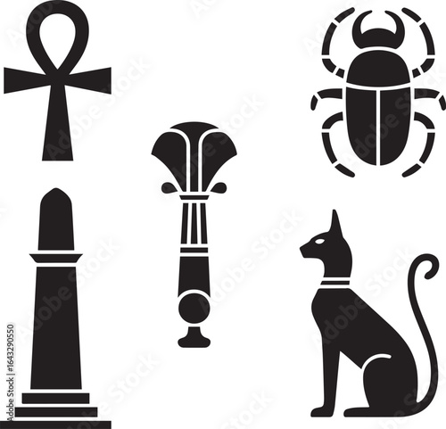Egyptian symbols ankh scarab obelisk sistrum cat vector