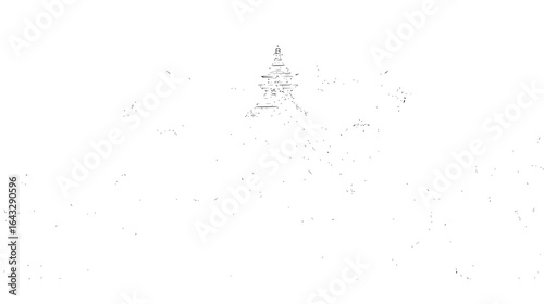 Detailed line drawing of a multi tiered pagoda structure amidst a sparse landscape in monochrome style art