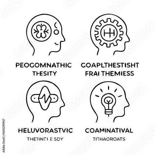Psychotherapy Types line icon set. Vector pictograms of therapy methods, approaches, mental health treatments, cognitive, behavioral, humanistic, positive psychology gestalt thin linear illustration. 