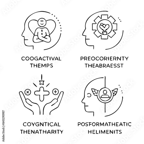 Psychotherapy Types line icon set. Vector pictograms of therapy methods, approaches, mental health treatments, cognitive, behavioral, humanistic, positive psychology gestalt thin linear illustration. 
