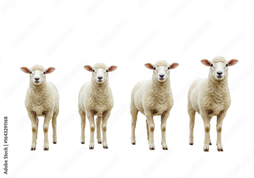 Fototapeta premium Four young sheep standing in a line isolated on transparent background, showcasing their fluffy wool and gentle nature
