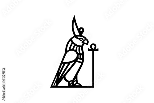 Illustration of an egyptian falcon god horus with an ankh symbol in black and white line art style