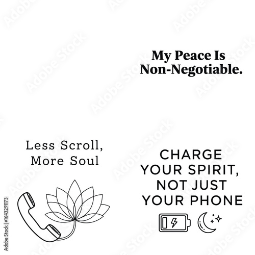 Art of motivational quotes about peace, mindfulness, and digital detox, with symbolic graphics, isolated on white