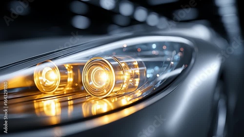 Futuristic Car Headlight Close-up Full of Technology