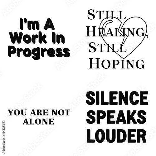Art of four powerful typographic designs conveying messages of healing, hope, and solidarity, isolated on white background