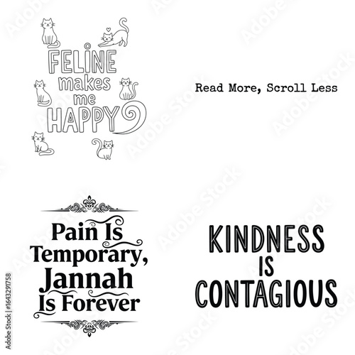 Art of islamic and motivational phrases, including be loud in your duas and kindness is contagious, isolated on white background