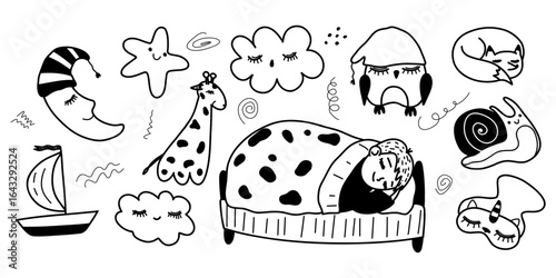 Sleep, relax time, dream good night sleep time doodle set. Hand drawn sketch bed, sleeping man, owl, fox. Concept comfort night element. Vector illustration isolated on white background.