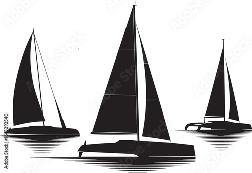 Three black sailboats on water sailing ocean