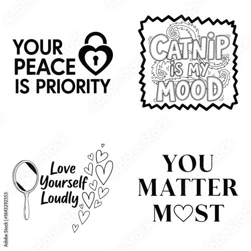 Art of set of positive affirmations and empowering phrases, including selflove and peace, isolated on white background
