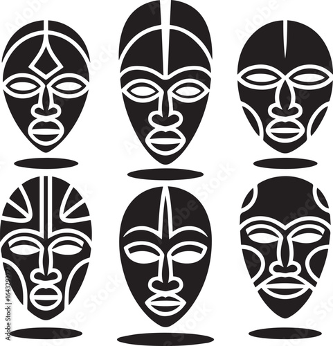 Tribal masks with intricate patterns and bold outlines african culture