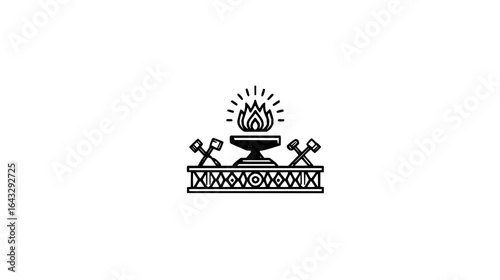 Illustration of a blacksmith anvil with fire and crossed hammers on a decorated rectangular base design