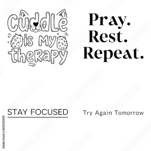 Art of four inspirational and motivational quotes for comfort, faith, focus, and perseverance, isolated on white background