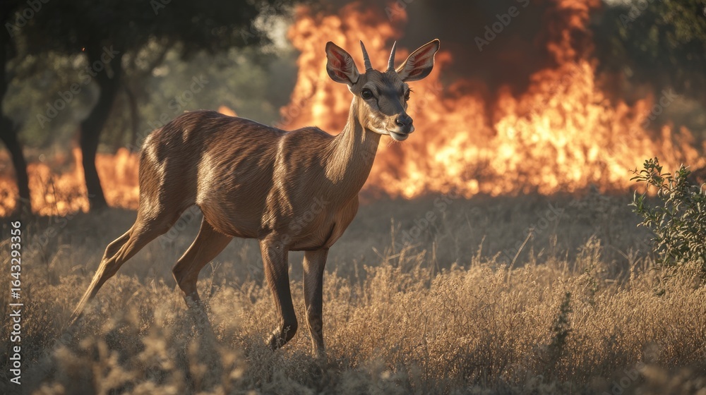 Fototapeta premium The desperate flight of a deer escaping a raging wildfire through a dry landscape