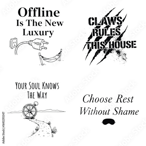 Art of inspiring typography collection with phrases like offline is the new luxury and choose rest without shame, isolated on white background