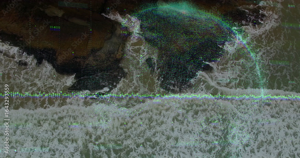 Obraz premium Merging blue circular overlay intersecting rocky shoreline, with waveform, data labels and sea foam