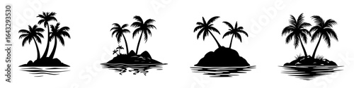 Silhouettes of tropical islands with palm trees against a tranquil water backdrop at sunset