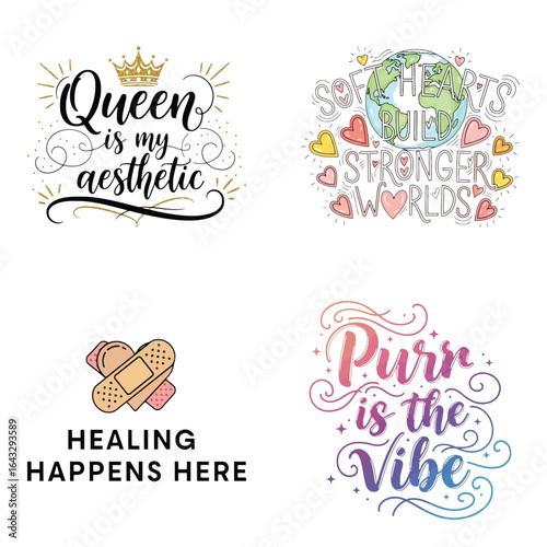 Art of collection of four inspirational and motivational quotes with unique typography and artistic designs, isolated on white background