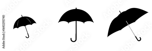 Various sizes of black umbrellas showcasing designs and shapes in a minimalist style with clear backgrounds