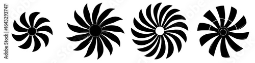 Different styles of turbine fan blades displayed in a row showcasing their designs and variations in shape and curvature for engineering analysis