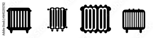 Various styles of traditional heating radiators displayed on a white background in a design showcase