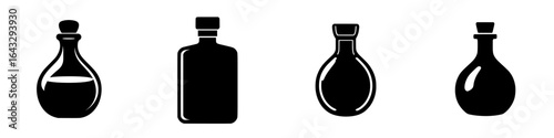 Set of four unique bottle silhouettes representing different potion ingredients on a plain background