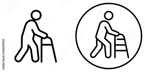 A simple line design icon depicting an elderly person with a walker, symbolizing senior care and accessibility for aging individuals through mobility aid, in a modern illustration style