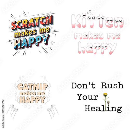 Art of collection of funny and cute catthemed typography designs with motivational quotes, isolated on white background