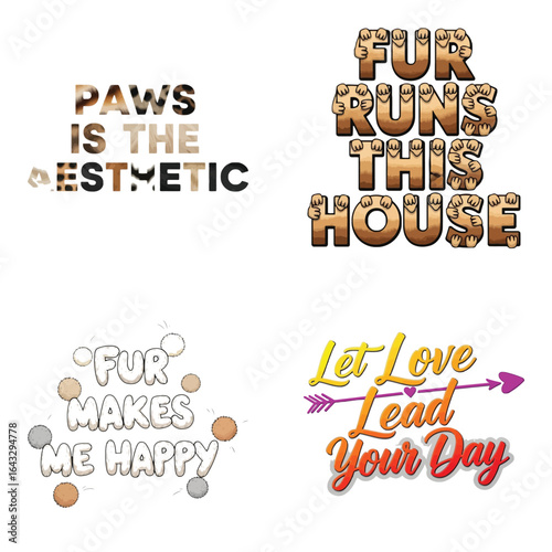 Art of assortment of charming catrelated typography art with uplifting messages and playful phrases, isolated on white background