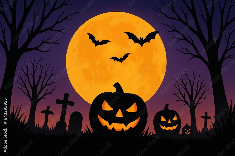Eerie Graveyard Landscape Under October's Full Harvest Moon features flying bats, glowing Jack-o'-lanterns, and simple tombstones silhouetted against a spooky violet and orange sky. Eerie Graveyard Landscape Under October's Full Harvest Moon features flying bats, glowing Jack-o'-lanterns, and simple tombstones silhouetted against a spooky violet and orange sky.