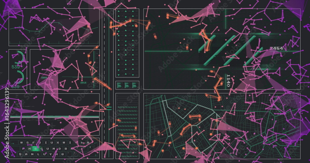 Fototapeta premium Displaying dashboard showing interconnected network nodes in data analytics console, with UI panels
