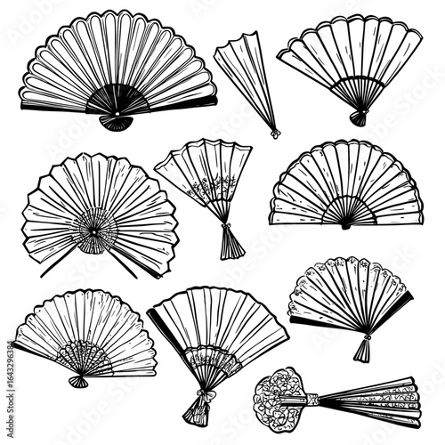 Monochrome souvenirs with black silhouettes of different forms, such as paper fans and geisha symbols, represent traditional Chinese or Japanese designs, complete with various ornaments and patterns