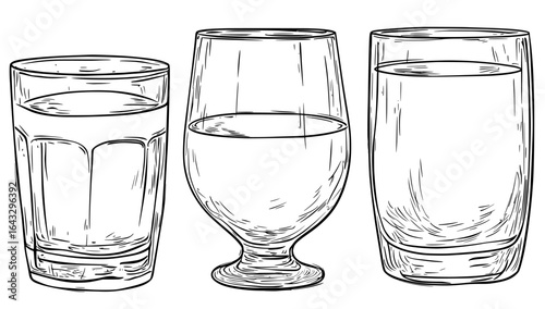 Milk, a cow-derived beverage, is illustrated in a modern and realistic style, with a half cup displaying both its empty and full appearances, showcasing its transparent water-like consistency and