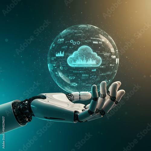 A robotic hand holding a glowing digital globe displaying cloud computing and futuristic technology icons.