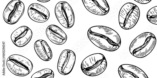 The pattern combines a coffee bean design with grain texture, and is complemented by illustrations of cappuccino, espresso, and hand-drawn seeds in a cafe or cafeteria shop background, commonly used